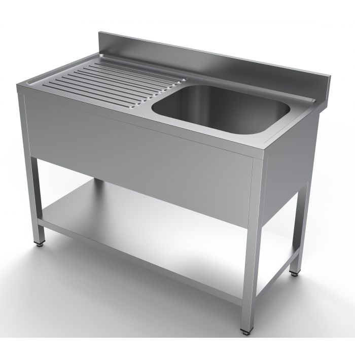 Vaskebord rustfrit stål med underhylde vask til højre – B1200 x D600 x H850 mm