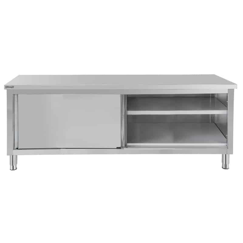 Arbejdsskab af rustfrit stål med skydelåger – B 1200 x D 700 x H 850 mm