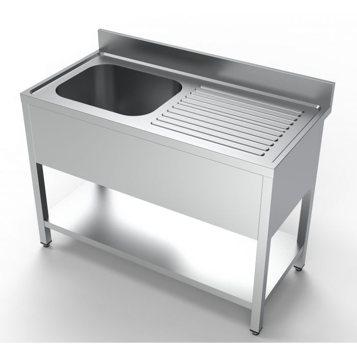Vaskebord rustfrit stål med underhylde vask til venstre – B1200 x D600 x H850 mm