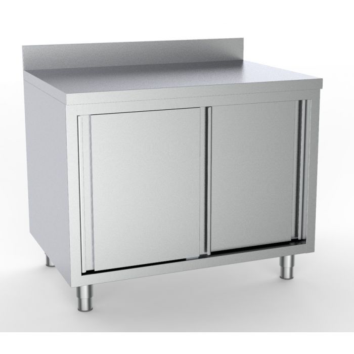 Arbejdsskab af rustfrit stål med skydelåger – B2000 x D600 x H850 mm