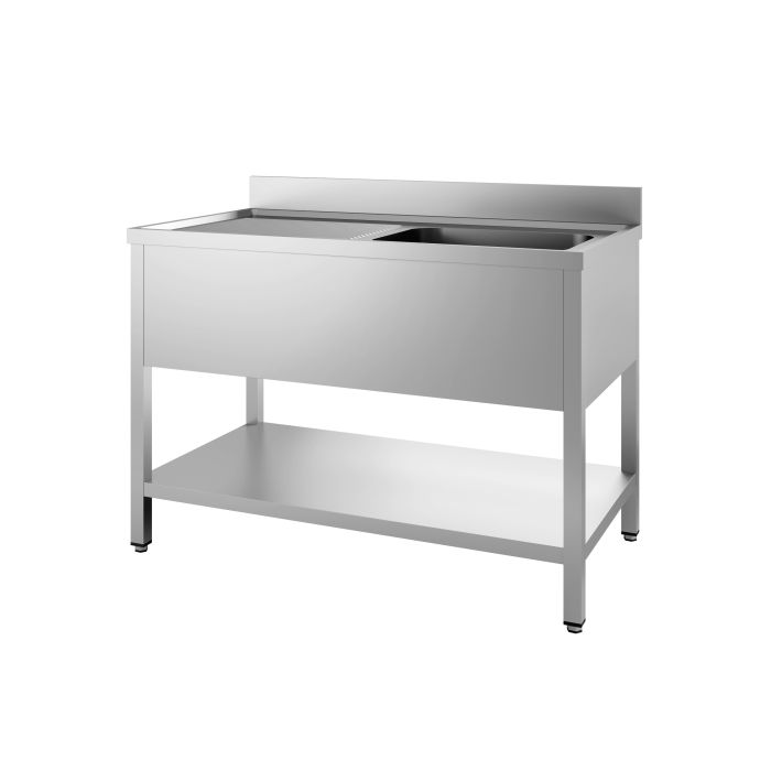 Vaskebord rustfrit stål med underhylde vask til højre – B1200 x D600 x H850 mm