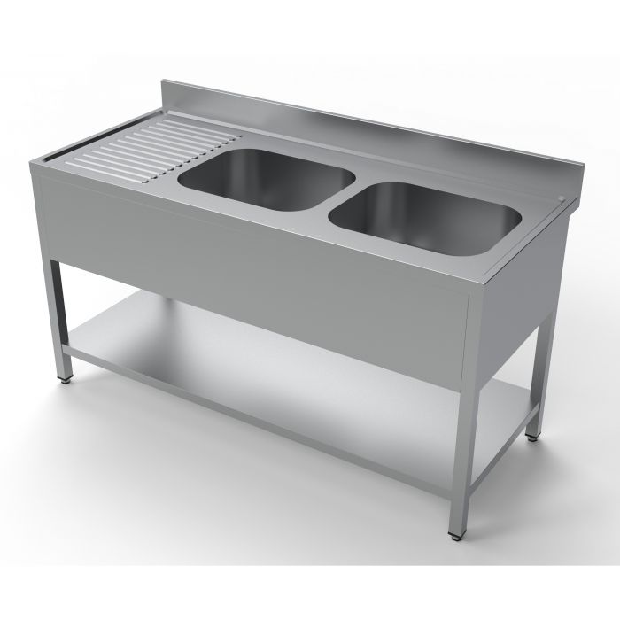 Vaskebord rustfrit stål med underhylde 2 vaske til højre – B2000 x D600 x H850 mm