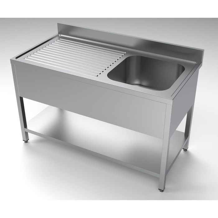Vaskebord rustfrit stål med underhylde vask til højre – B1400 x D700 x H850 mm