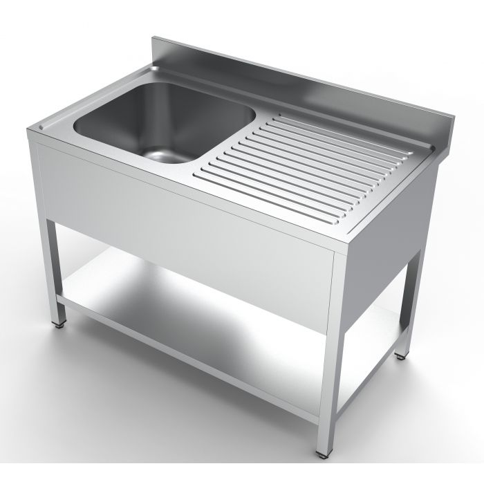 Vaskebord rustfrit stål med underhylde vask til venstre – B1200 x D700 x H850 mm