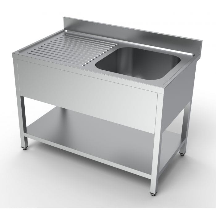 Vaskebord rustfrit stål med underhylde vask til højre – B1200 x D700 x H850 mm