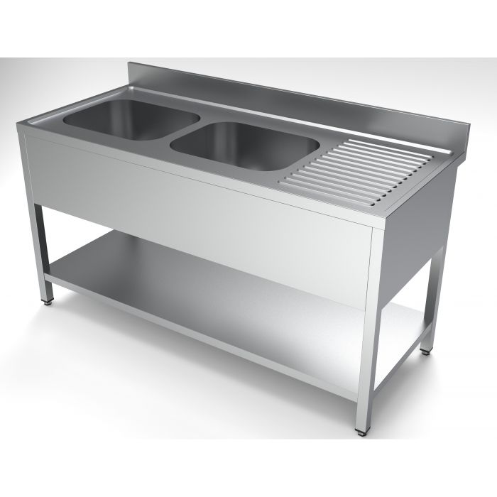 Vaskebord rustfrit stål med underhylde 2 vaske til venstre – B1600 x D700 x H850 mm
